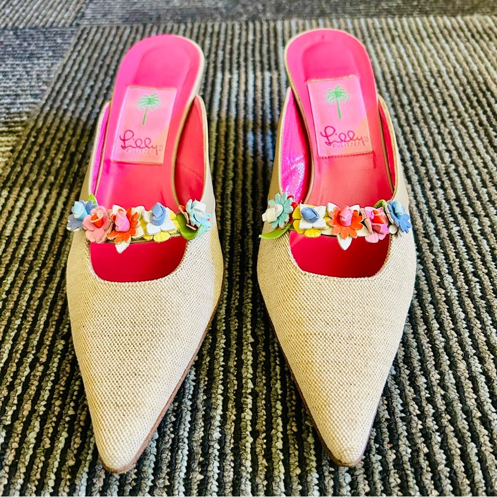 Lilly Pulitzer Natual Linen Lucky Flowers Pointed Toe Kitten Heel Mules size 6 M - Picture 2 of 15